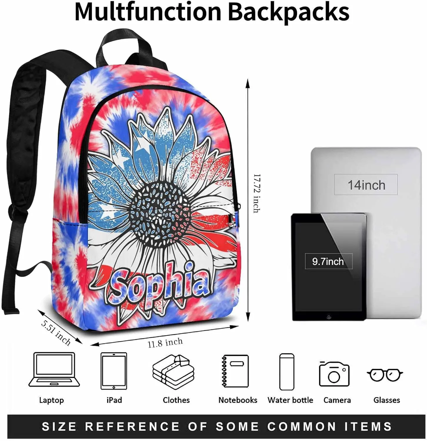 Personalized Kids Name Daypacks with Lunch Bag, Custom Schoolbag Bookbags for Toddler Teen Girls Boys, Sunflower Flag Pattern Customized Casual Backpack for Kindergarten Elementary