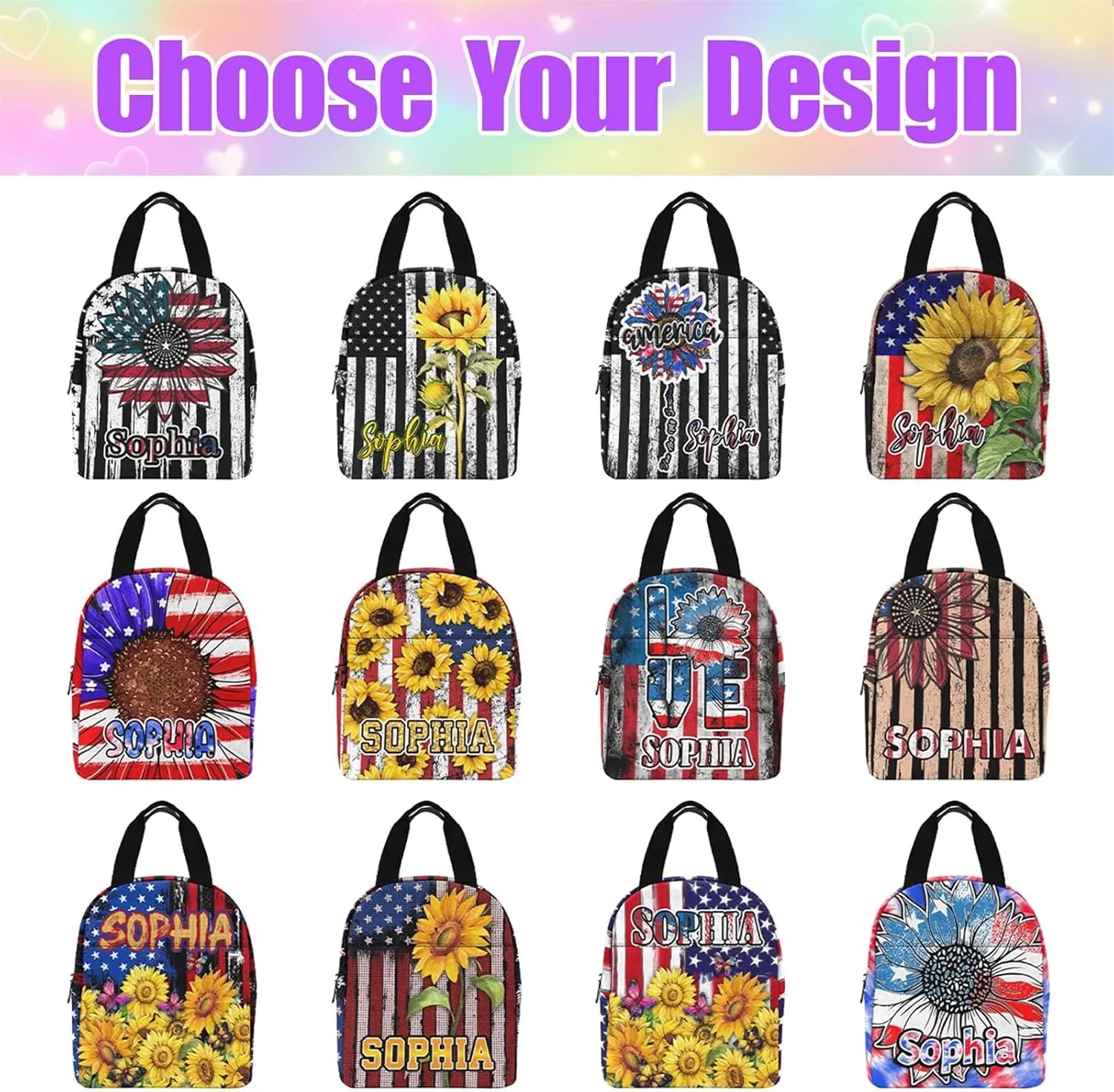 Personalized Kids Name Daypacks with Lunch Bag, Custom Schoolbag Bookbags for Toddler Teen Girls Boys, Sunflower Flag Pattern Customized Casual Backpack for Kindergarten Elementary
