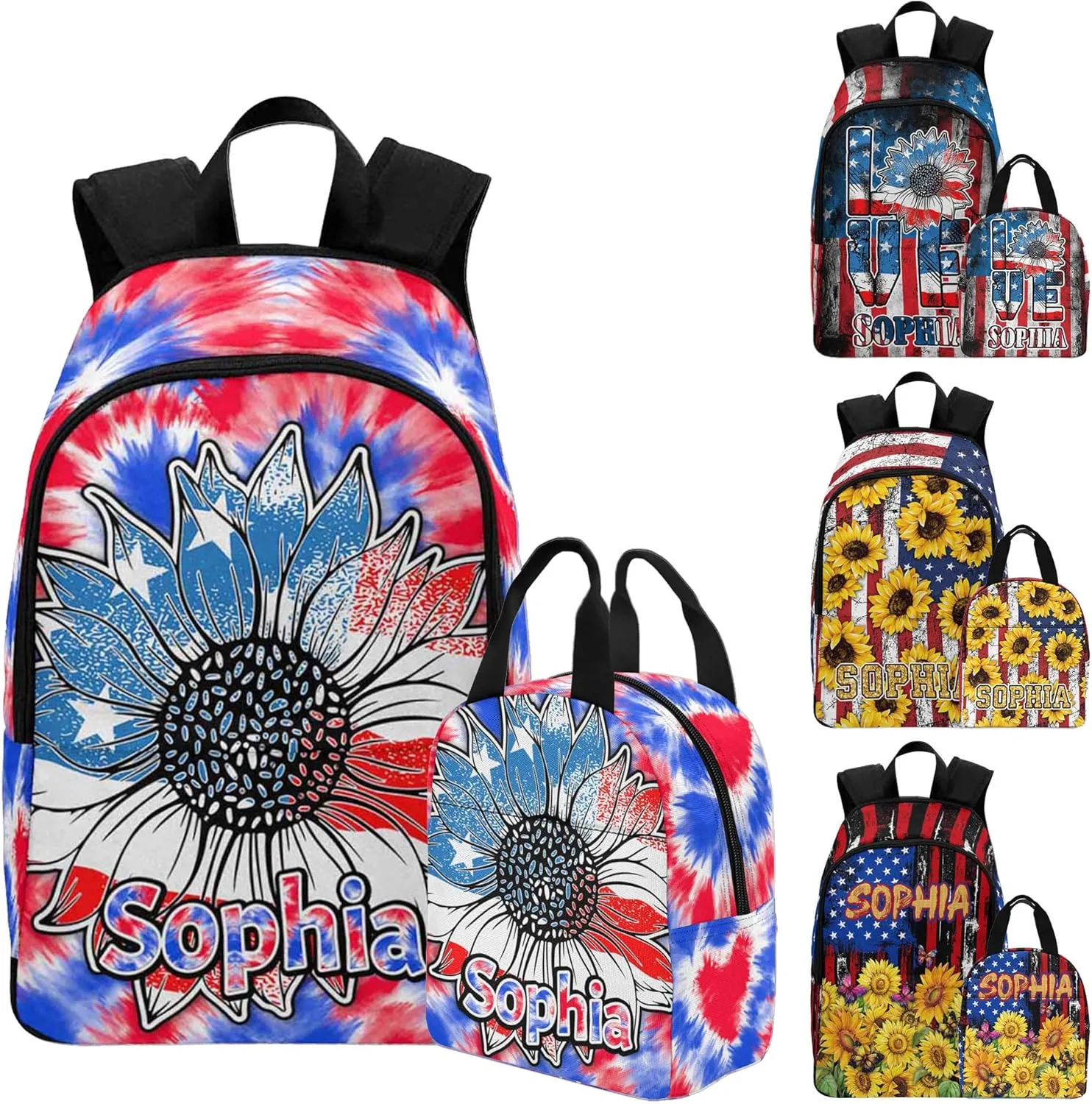 Personalized Kids Name Daypacks with Lunch Bag, Custom Schoolbag Bookbags for Toddler Teen Girls Boys, Sunflower Flag Pattern Customized Casual Backpack for Kindergarten Elementary