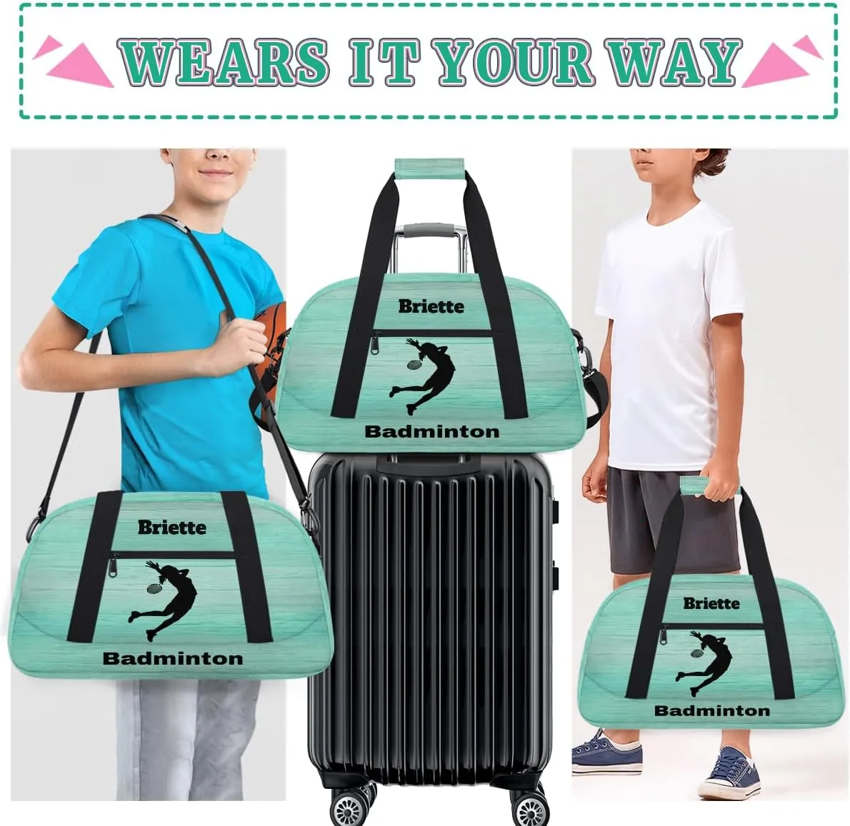 Personalized Kids Sports Bag, Custom Sport Duffel Bag, Cheerleading Dance Bag Weekender Bags Travel Duffel Bag for Girl, Light Green, Sports Badminton