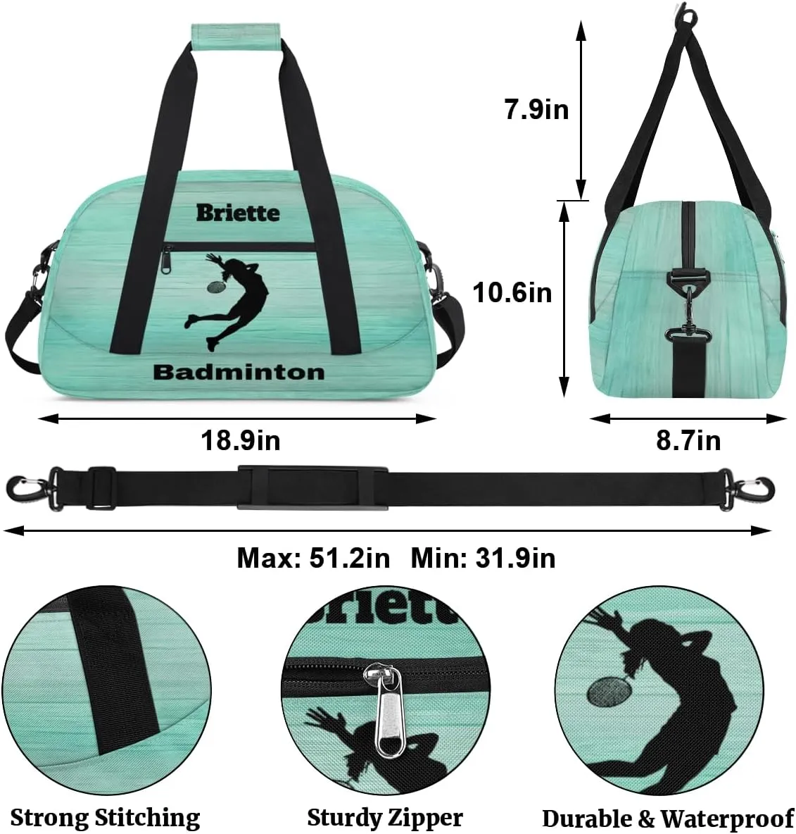 Personalized Kids Sports Bag, Custom Sport Duffel Bag, Cheerleading Dance Bag Weekender Bags Travel Duffel Bag for Girl, Light Green, Sports Badminton