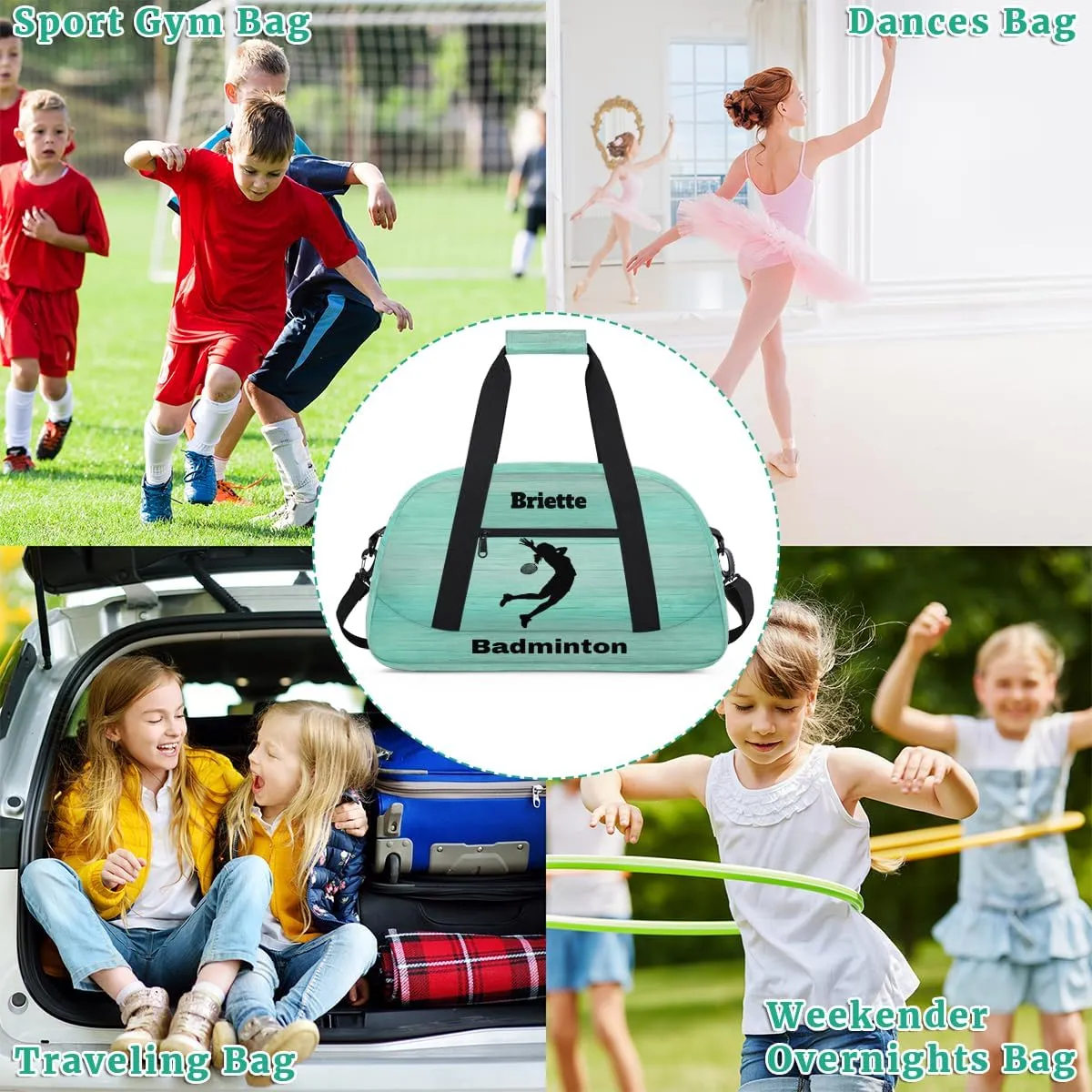 Personalized Kids Sports Bag, Custom Sport Duffel Bag, Cheerleading Dance Bag Weekender Bags Travel Duffel Bag for Girl, Light Green, Sports Badminton