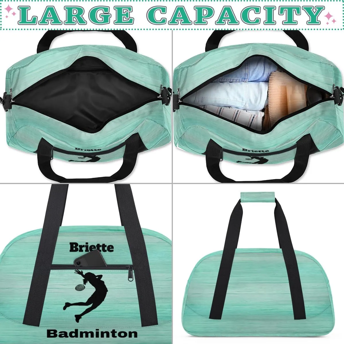 Personalized Kids Sports Bag, Custom Sport Duffel Bag, Cheerleading Dance Bag Weekender Bags Travel Duffel Bag for Girl, Light Green, Sports Badminton