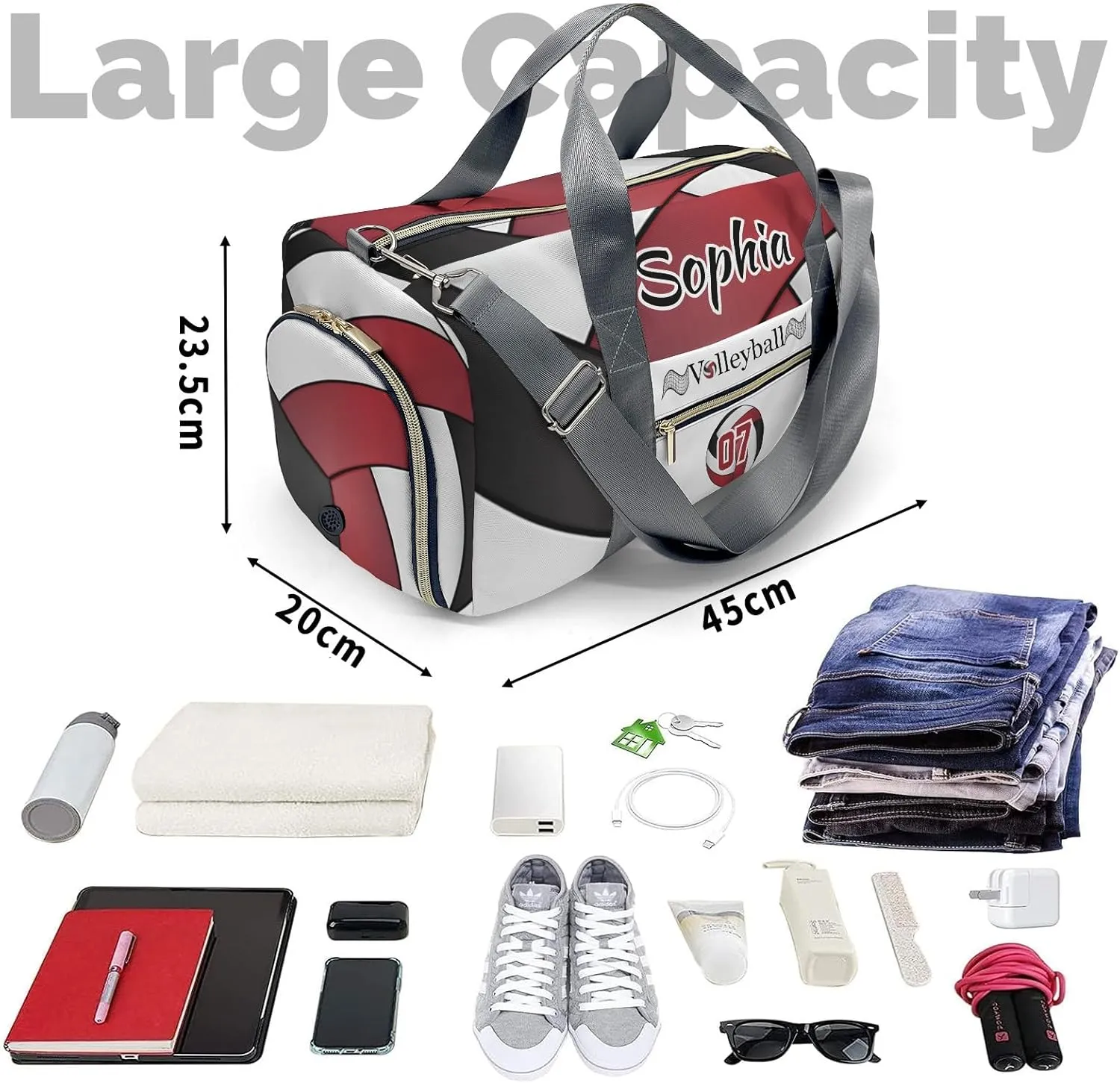 Personalized Multi-Function Travel Volleyball Black Dark Red Duffel Bags Large Capacity Women Men Gym Yoga Ballet with Name