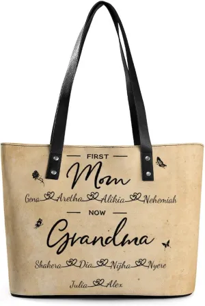 Personalized printed leather handbag, handbag with name birthday flower, suitable for beach, work, travel, gift for mother