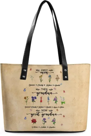 Personalized printed leather handbag, handbag with name birthday flower, suitable for beach, work, travel, gift for mother