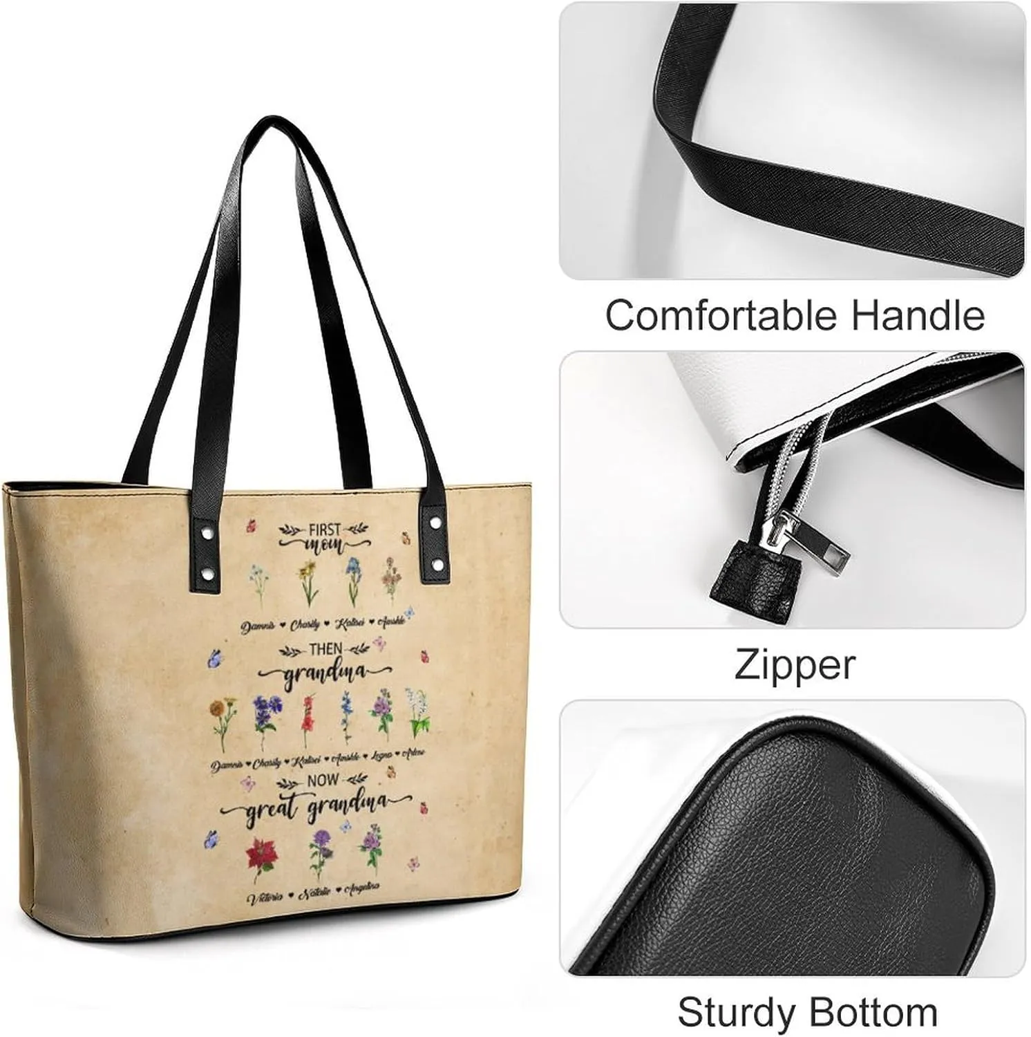 Personalized printed leather handbag, handbag with name birthday flower, suitable for beach, work, travel, gift for mother