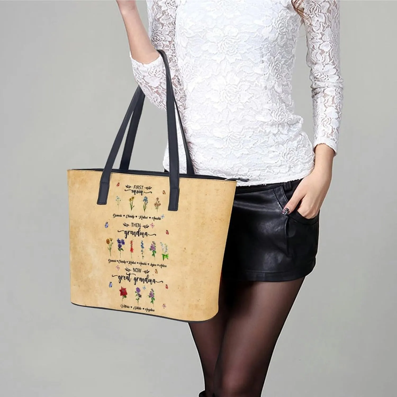 Personalized printed leather handbag, handbag with name birthday flower, suitable for beach, work, travel, gift for mother