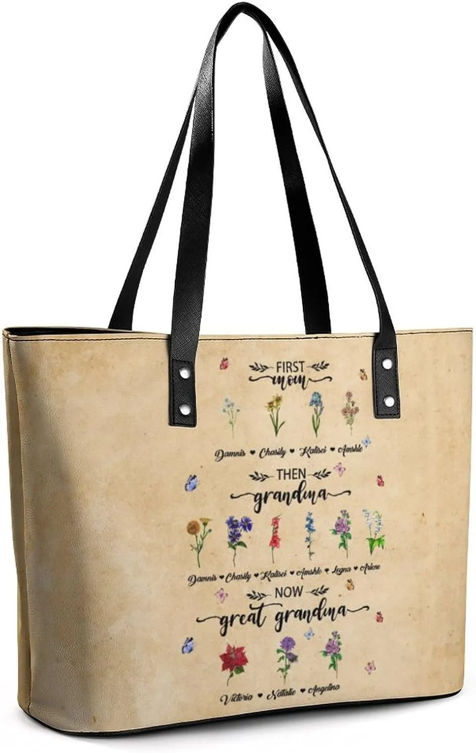 Personalized printed leather handbag, handbag with name birthday flower, suitable for beach, work, travel, gift for mother