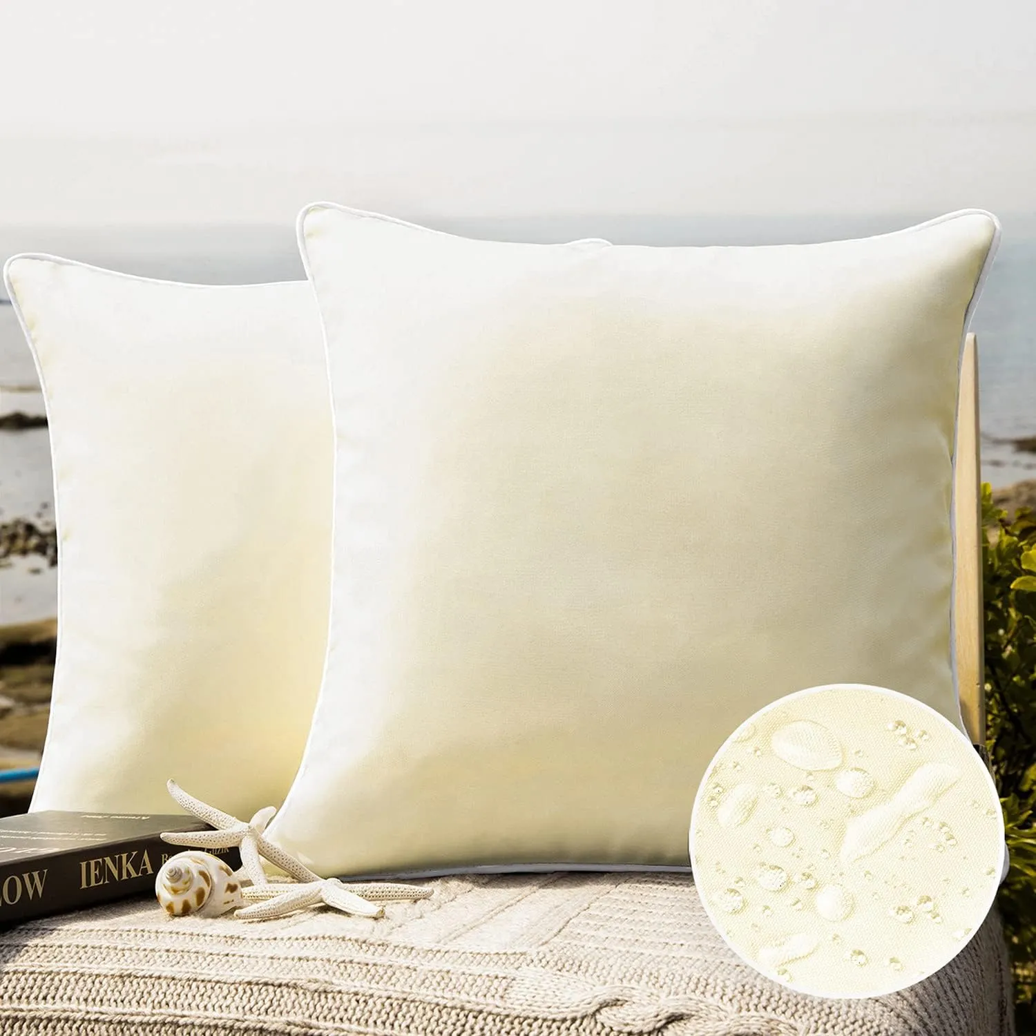 Phantoscope Pack of 2 Outdoor Waterproof Solid Throw Decorative Pillow Cover Decorative Square Outdoor Pillows Cushion Case Patio Pillows for Couch Tent Sunbrella (20''x20'', Cream Cheese)