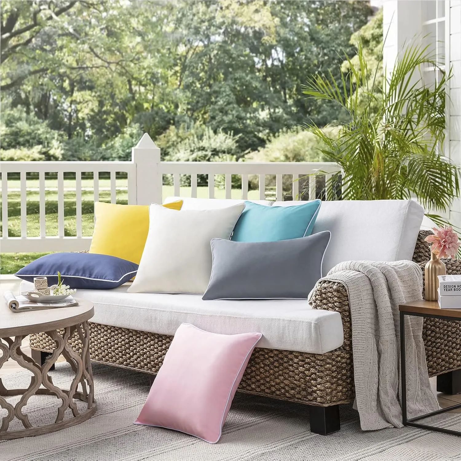 Phantoscope Pack of 2 Outdoor Waterproof Solid Throw Decorative Pillow Cover Decorative Square Outdoor Pillows Cushion Case Patio Pillows for Couch Tent Sunbrella (20''x20'', Cream Cheese)