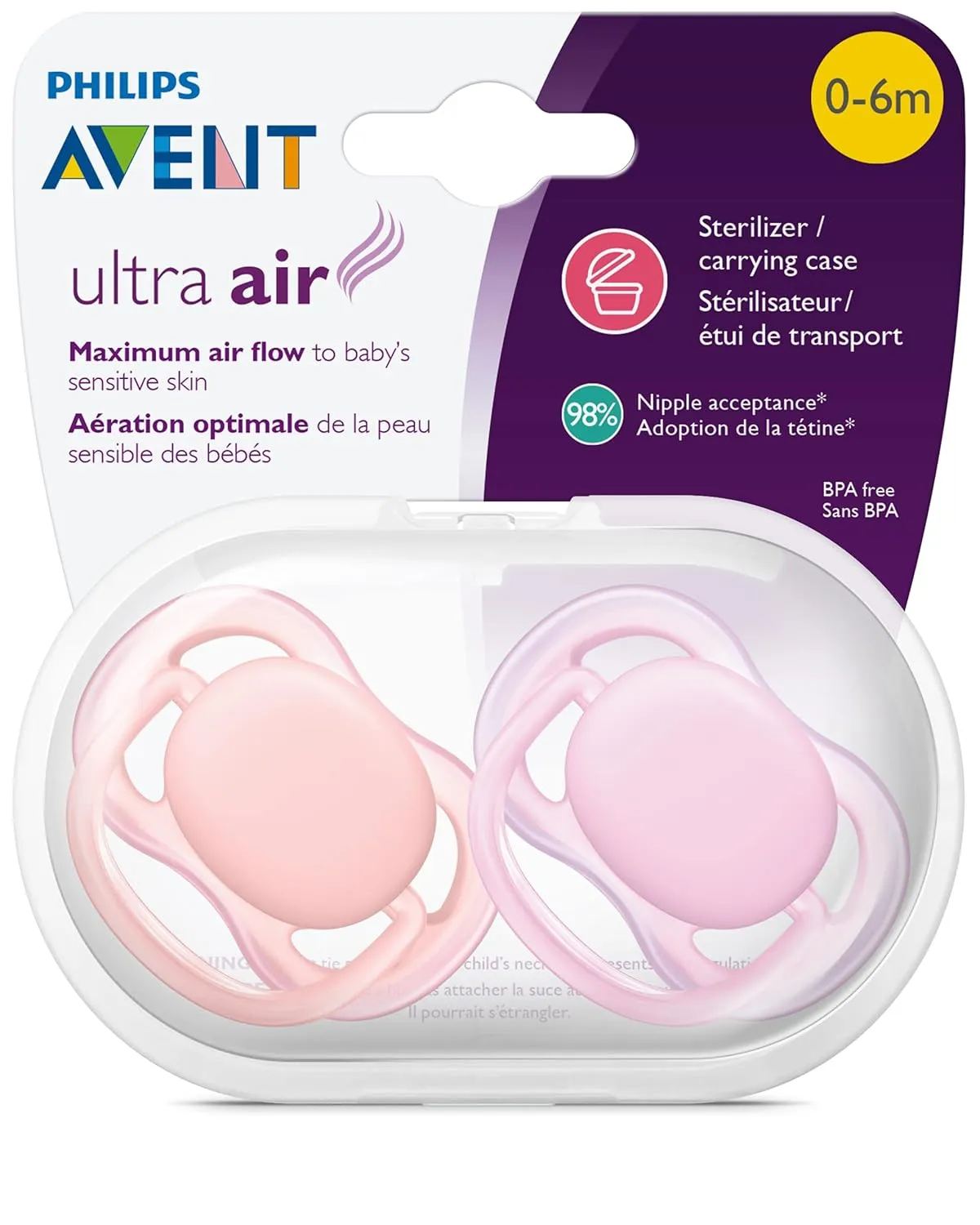Philips AVENT Ultra Air Pacifier 0-6 Months, Pink/Peach, 4 Pack, SCF245/40