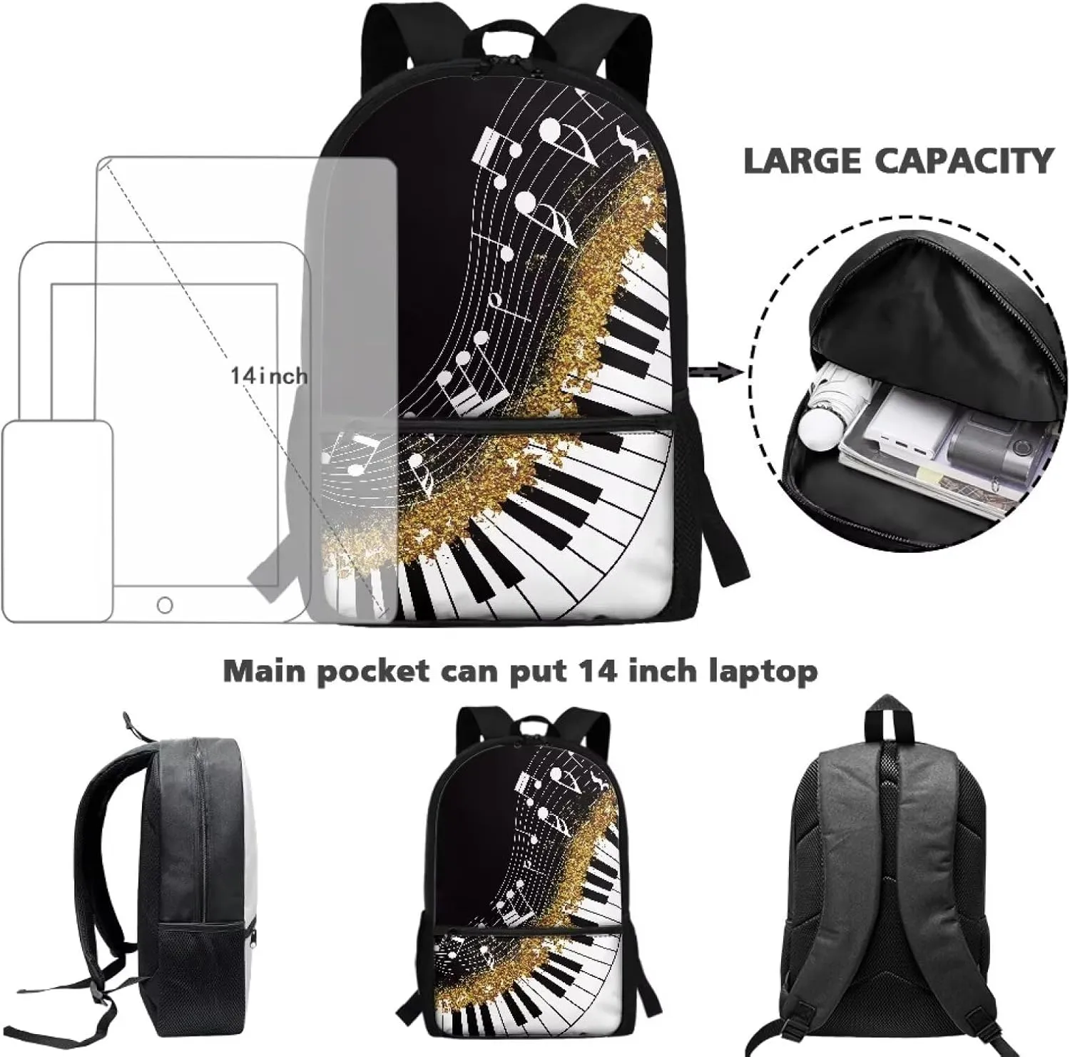 Piano Keys Music Notes Backpack for Girls Bookbag Primary School Daypack Elementary Students Knapsack