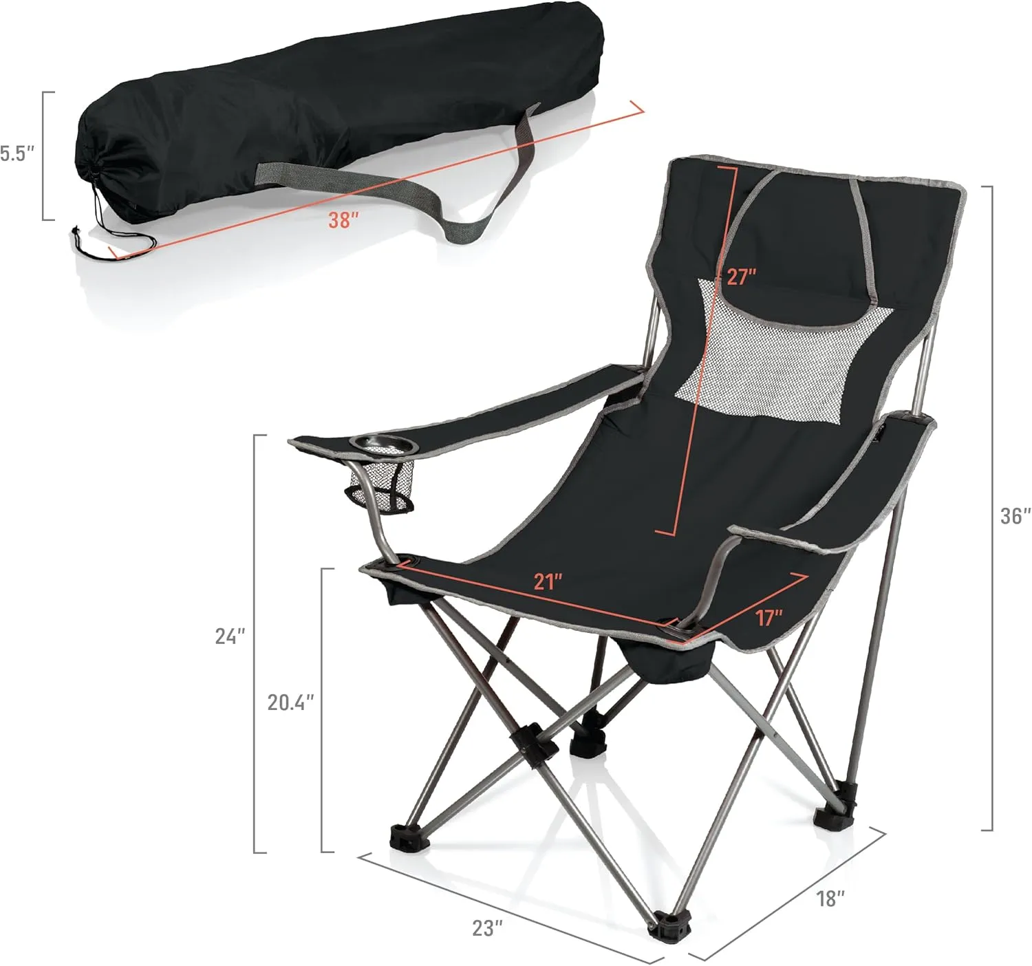 Picnic TIME NCAA Georgia Bulldogs Campsite Camping Chair, Picnic Chair, Outdoor Folding Chair with Carry Bag, Beach Chair, (Black with Gray Accents)