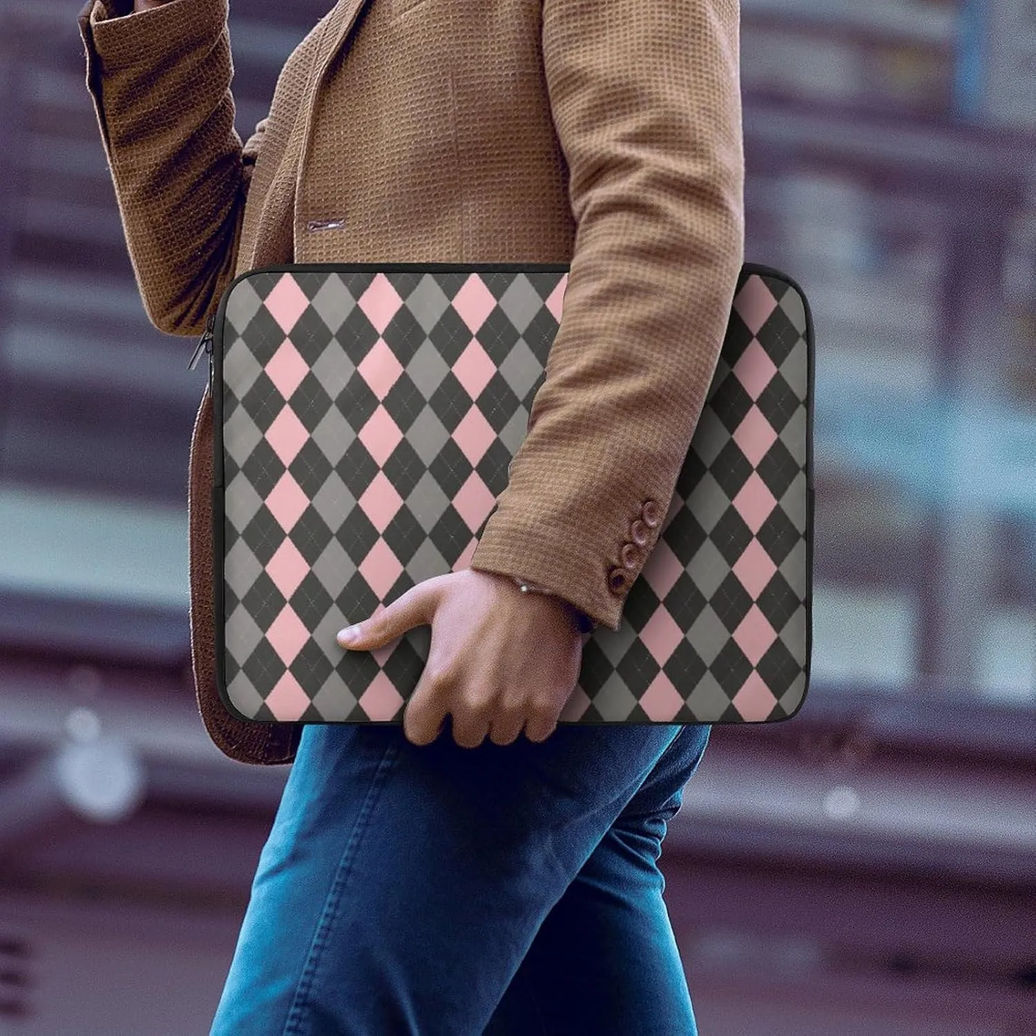 Pink Black Gray Argyle All Print Hands Free Withdrawal Laptop Bag Unisex