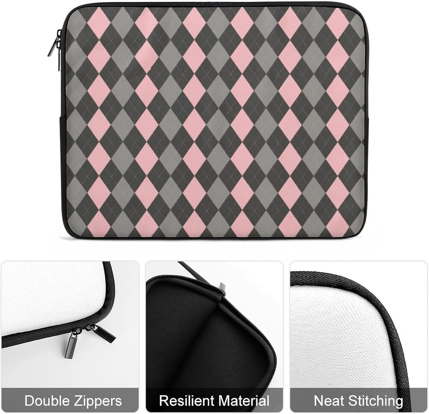 Pink Black Gray Argyle All Print Hands Free Withdrawal Laptop Bag Unisex