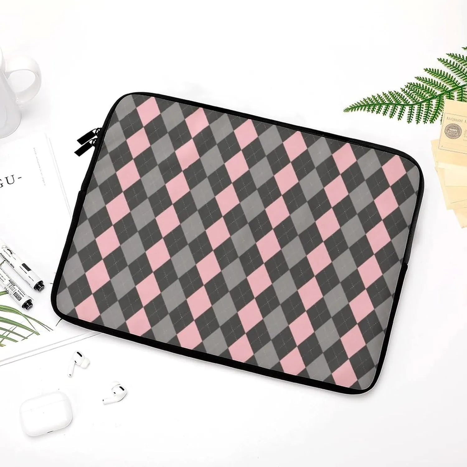 Pink Black Gray Argyle All Print Hands Free Withdrawal Laptop Bag Unisex