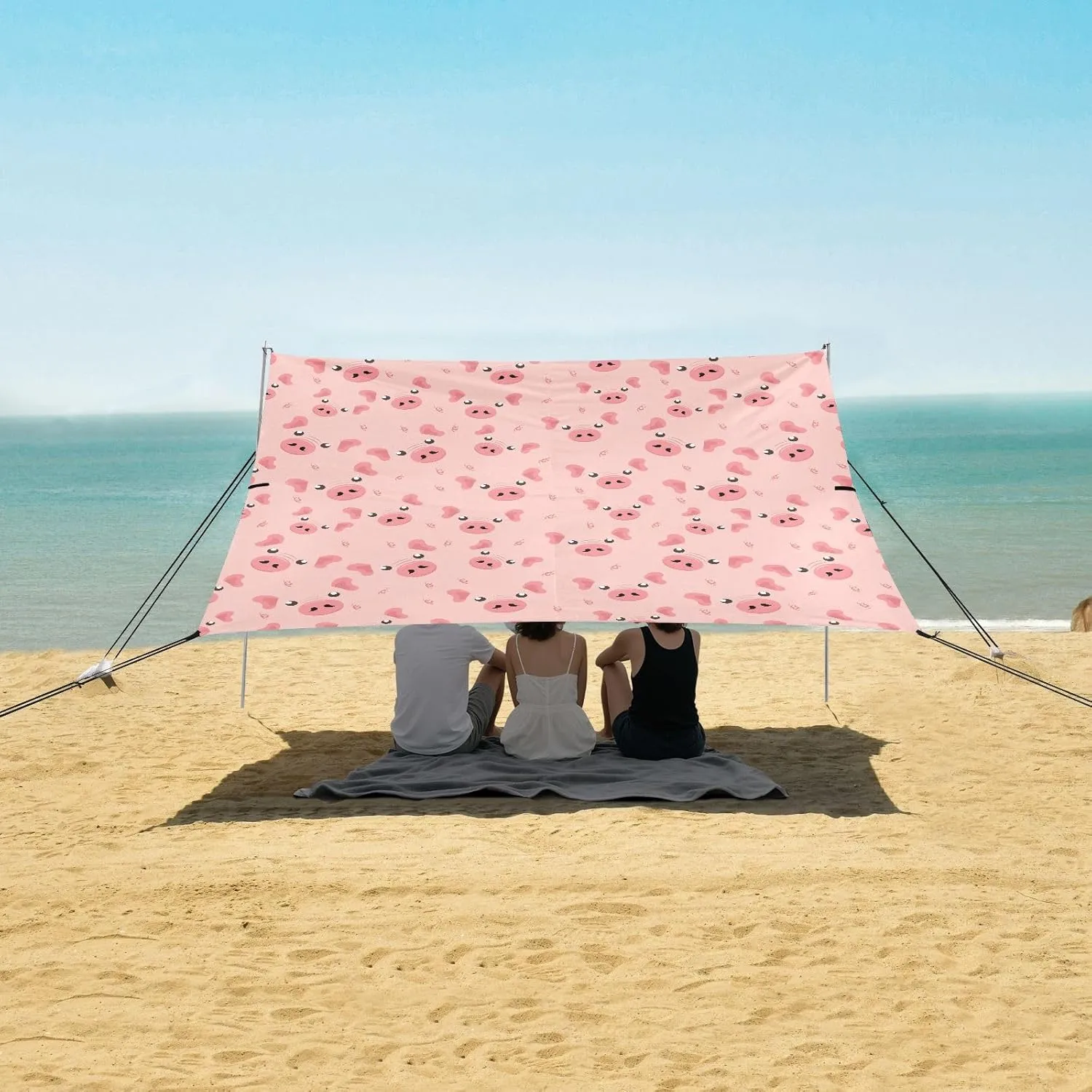 Pink Pig Face Pattern Beach Canopy Tent Anti-UV & Wind Resistant, Camping Sun Shelter Easy Setup Portable,Outdoor Shade Tents with Sandbags,Sand Shovels,Ground Pegs & Stability Poles