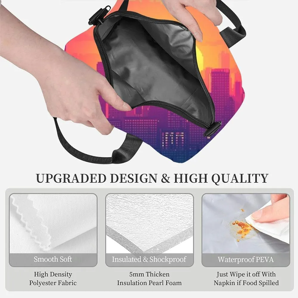 Pixel art skyline a radiant sun setting amidst skyscrapers casting a Insulated Adult Lunch Bag with Shoulder Strap for Women Lightweight Reusable Portable Freezable Lunch Tote Bag for Work Picnic