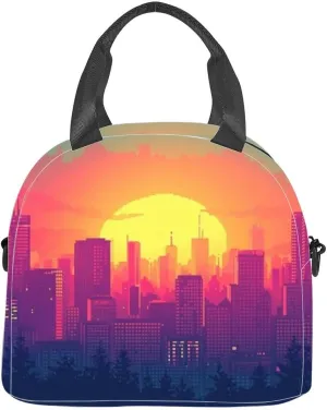 Pixel art skyline a radiant sun setting amidst skyscrapers casting a Insulated Adult Lunch Bag with Shoulder Strap for Women Lightweight Reusable Portable Freezable Lunch Tote Bag for Work Picnic