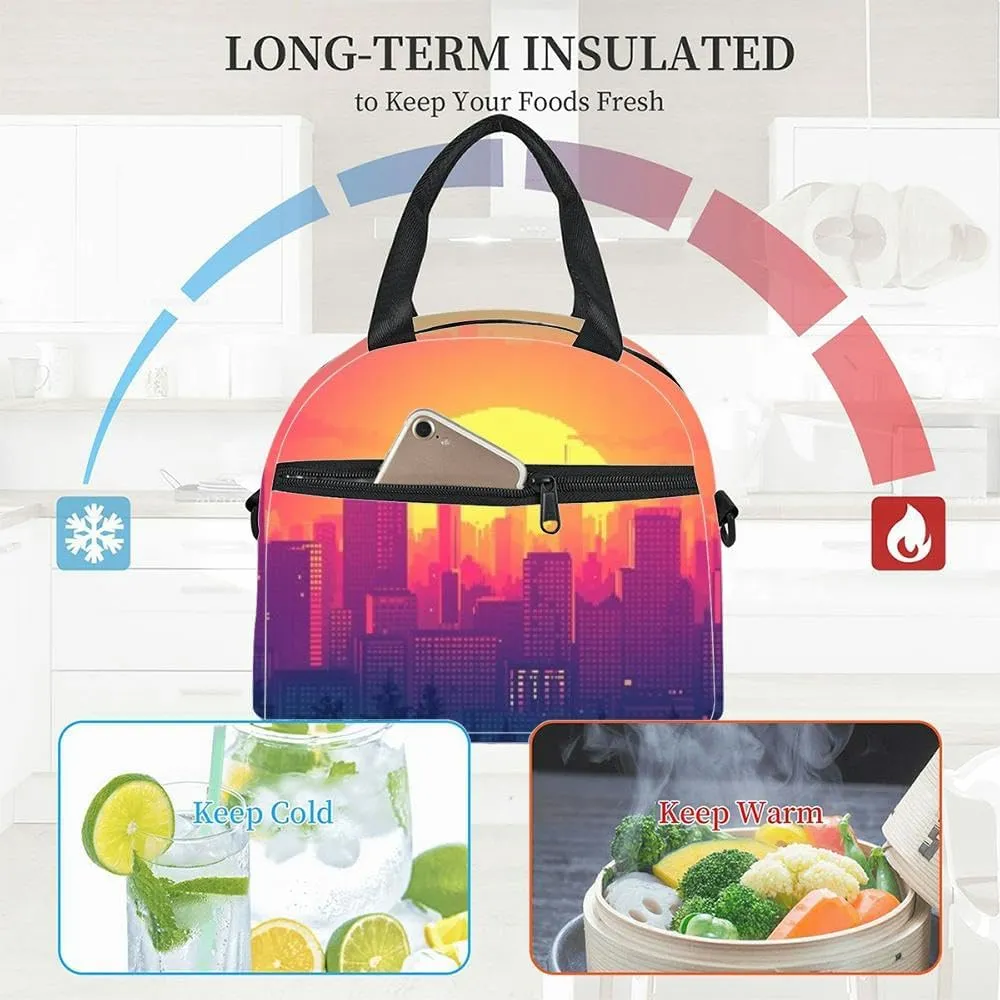 Pixel art skyline a radiant sun setting amidst skyscrapers casting a Insulated Adult Lunch Bag with Shoulder Strap for Women Lightweight Reusable Portable Freezable Lunch Tote Bag for Work Picnic