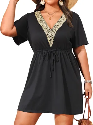 Plus Size Swimsuit Cover Up - Women Lace V Neck Drawstring Bathing Coverup Beach Dress