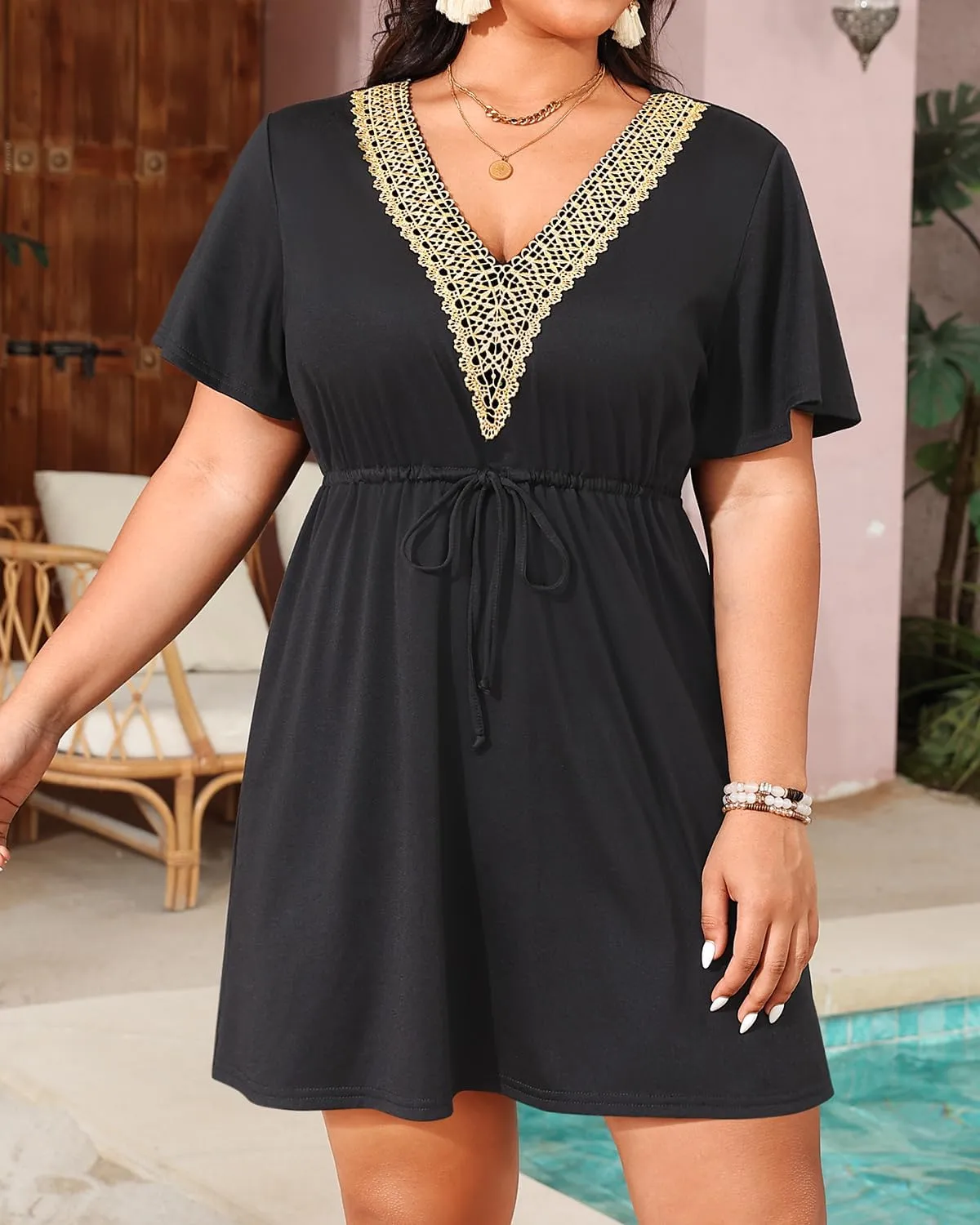 Plus Size Swimsuit Cover Up - Women Lace V Neck Drawstring Bathing Coverup Beach Dress