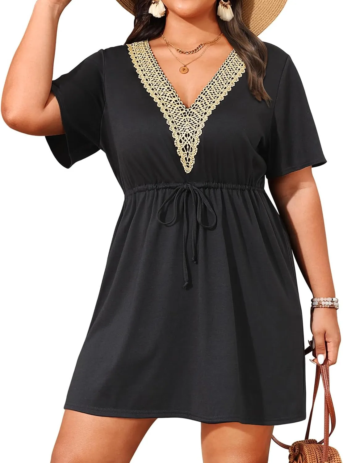 Plus Size Swimsuit Cover Up - Women Lace V Neck Drawstring Bathing Coverup Beach Dress