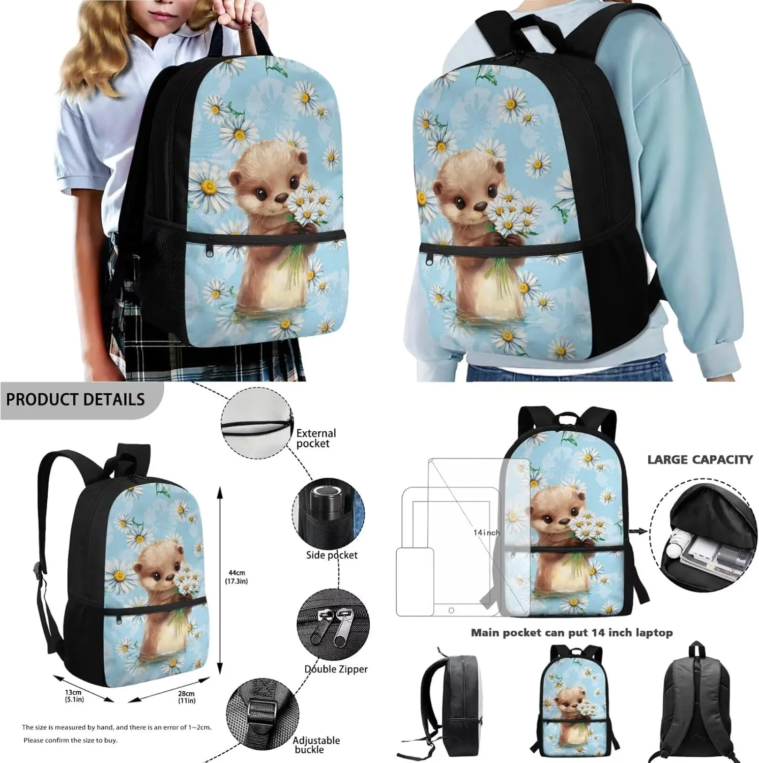 Poceacles 4 Pcs School Bags Children's Backpack Kids Rucksacks for Girls Boys Teens Schoolbag Sets with Lunch Bag Pencil Case Water Bottle Sleeve, Back to School Bookbag, Cute Otter Daisy Light Blue