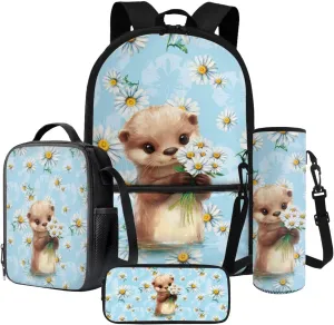 Poceacles 4 Pcs School Bags Children's Backpack Kids Rucksacks for Girls Boys Teens Schoolbag Sets with Lunch Bag Pencil Case Water Bottle Sleeve, Back to School Bookbag, Cute Otter Daisy Light Blue