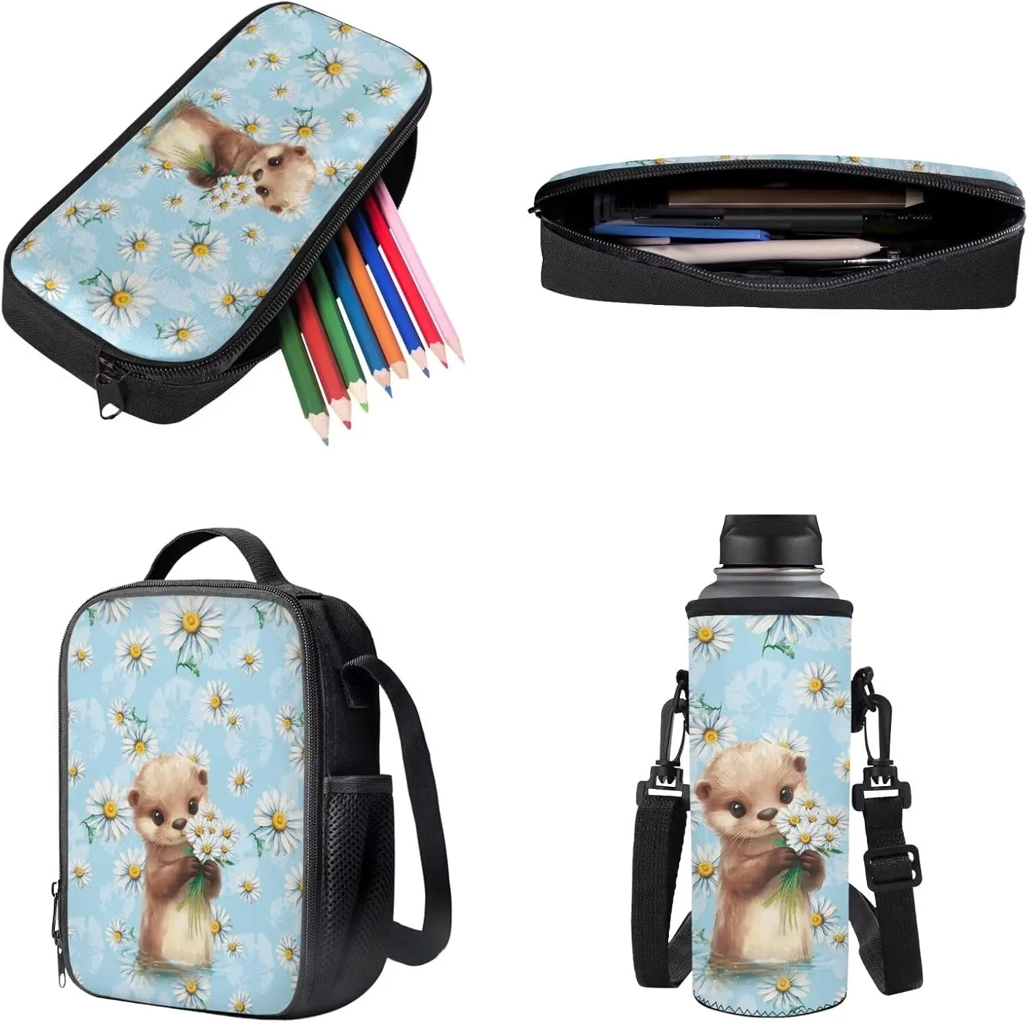 Poceacles 4 Pcs School Bags Children's Backpack Kids Rucksacks for Girls Boys Teens Schoolbag Sets with Lunch Bag Pencil Case Water Bottle Sleeve, Back to School Bookbag, Cute Otter Daisy Light Blue