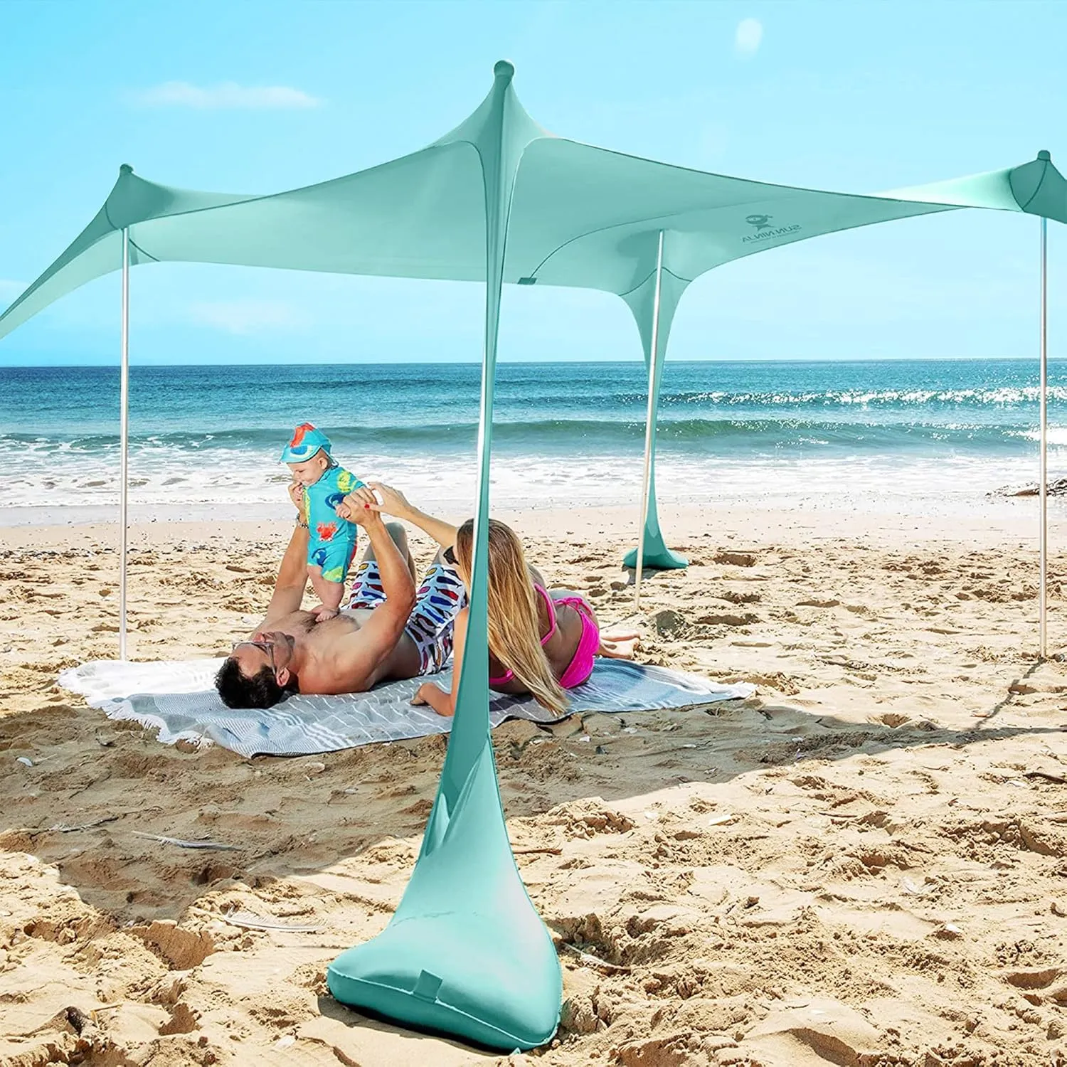 Pop Up Beach Tent Sun Shelter UPF50  with Sand Shovel, Ground Pegs and Stability Poles, Outdoor Shade for Camping Trips, Fishing, Backyard Fun or Picnics (Green 7x7.5 FT 4 Pole)