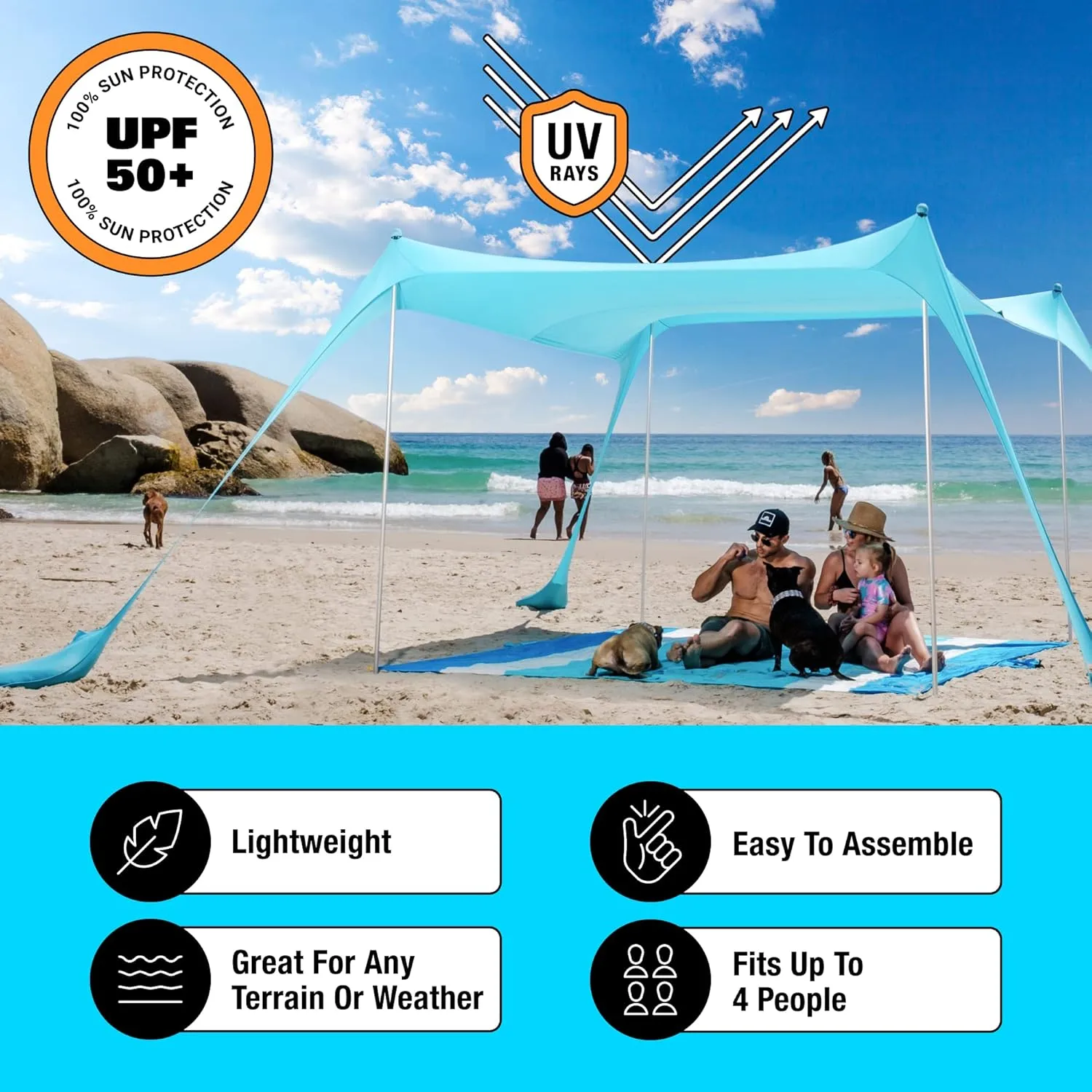 Pop Up Beach Tent Sun Shelter UPF50  with Sand Shovel, Ground Pegs and Stability Poles, Outdoor Shade for Camping Trips, Fishing, Backyard Fun or Picnics (Green 7x7.5 FT 4 Pole)