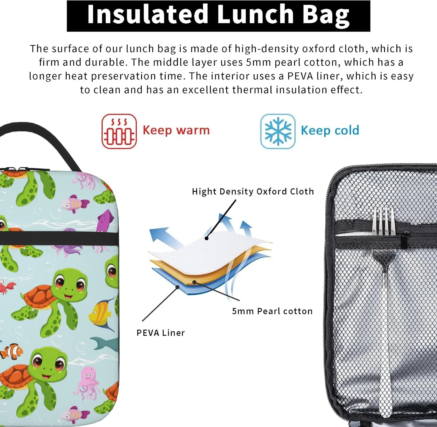 Portable Lunch Bag 3D printing Lunch Box Lightweight Lunchbox Reusable School Tote Bag for Boys, Gilrs, Kids and Youth (Ocean Turtle, One Size)