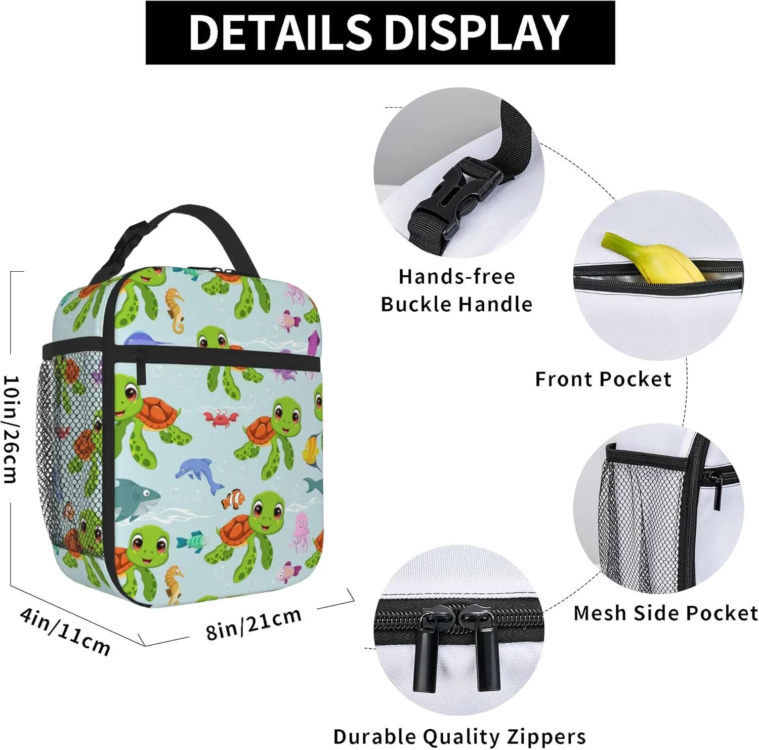 Portable Lunch Bag 3D printing Lunch Box Lightweight Lunchbox Reusable School Tote Bag for Boys, Gilrs, Kids and Youth (Ocean Turtle, One Size)