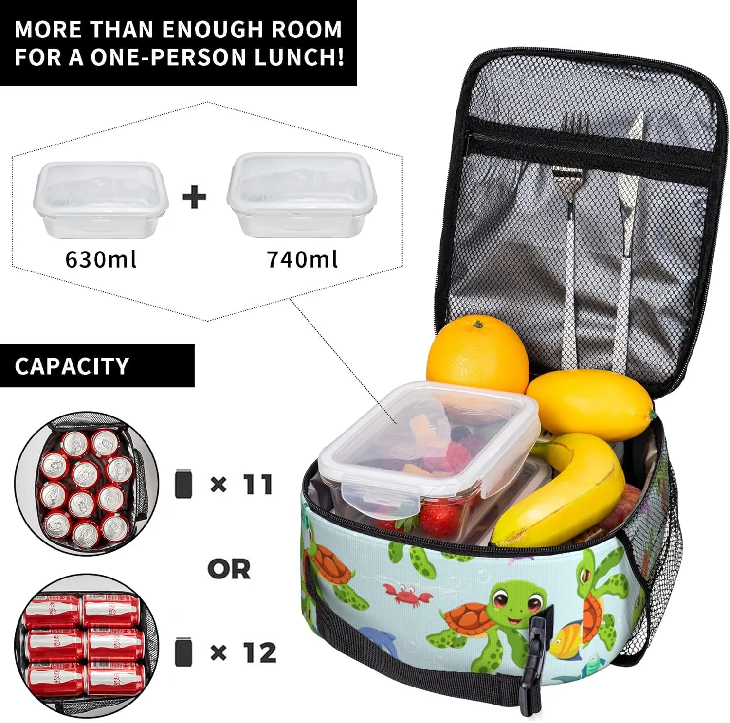 Portable Lunch Bag 3D printing Lunch Box Lightweight Lunchbox Reusable School Tote Bag for Boys, Gilrs, Kids and Youth (Ocean Turtle, One Size)