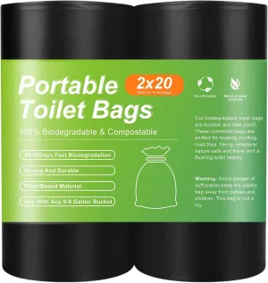 Portable Toilet Bags for Camping: 40 Liners Toilet Replacement Bags, 100% Compostable & Biodegradable, 8 Gallon Thickened Bucket Liner for Outdoor Boating Trip, Trash Bags Plastic Free