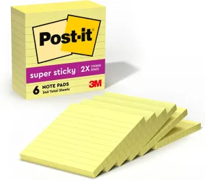 Post-it Super Sticky Notes, 4x4 in, 6 Pads, 2X The Sticking Power, Canary Yellow, Recyclable (675-6SSCY)