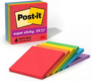 Post-it Super Sticky Notes, 4x4 in, 6 Pads, 2X The Sticking Power, Playful Primaries Collection, Primary Colors (Red, Yellow, Green, Blue, Purple), Recyclable(675-6SSAN)