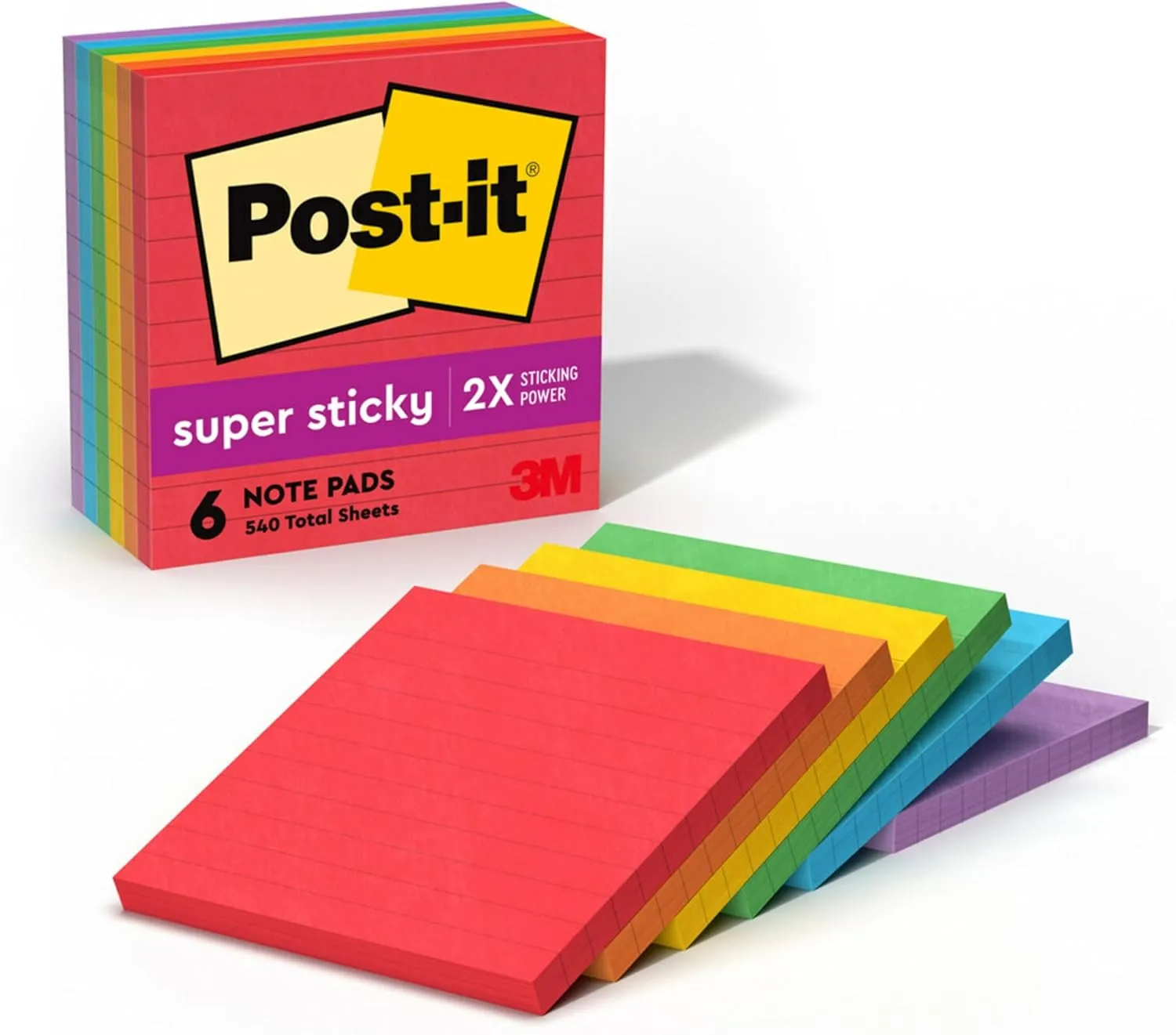 Post-it Super Sticky Notes, 4x4 in, 6 Pads, 2X The Sticking Power, Playful Primaries Collection, Primary Colors (Red, Yellow, Green, Blue, Purple), Recyclable(675-6SSAN)