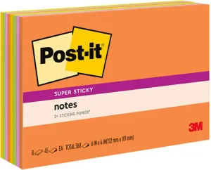 Post-it Super Sticky Notes, 6x4 in, 8 Pads, 2X The Sticking Power,Energy Boost Collection, Bright Colors (Orange, Pink, Blue, Green), Recyclable (6445-SSP)