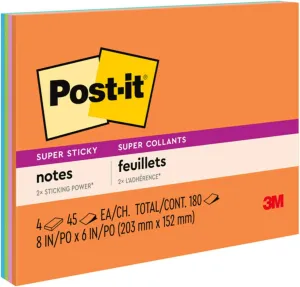 Post-it Super Sticky Notes, 8x6 in, 4 Pads, 2X The Sticking Power, Energy Boost Collection, Bright Colors, Recyclable (6845-SSP)