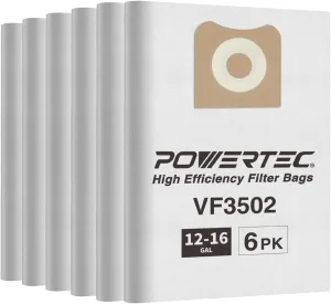 POWERTEC 23743 VF3502 Size A Shop Vacuum Bags for Ridgid 6 Pack, 12-16 Gal. Vacuum Bags for Ridgid HD1200, HD1400 Wet Dry Vac (75002P3)