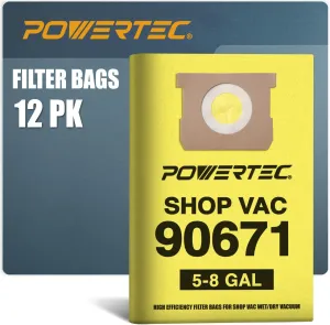 POWERTEC 90661, 90671 Shop Vacuum Bags 12PK, for Shop Vac Type E 9066100, Type H 9067100, VF2004 Filter Bags, 5-8 Gallon Replacement For Shop Vac Bags, Shop Vacuum Accessories (75077-P3)