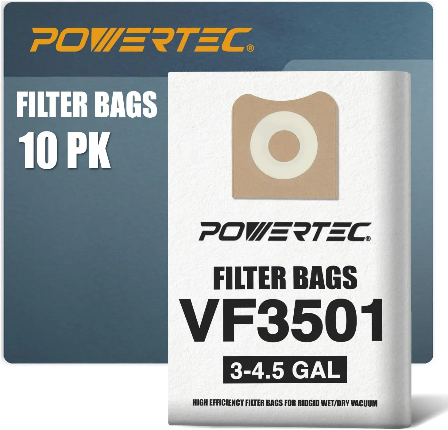 POWERTEC VF3501 Size C Shop Vacuum Bags for Ridgid 10 Pack, 3-4.5 Gal. 23738 Vacuum Bags for Ridgid 4000RV, WD40700 Wet Dry Vac (75017-P2V)