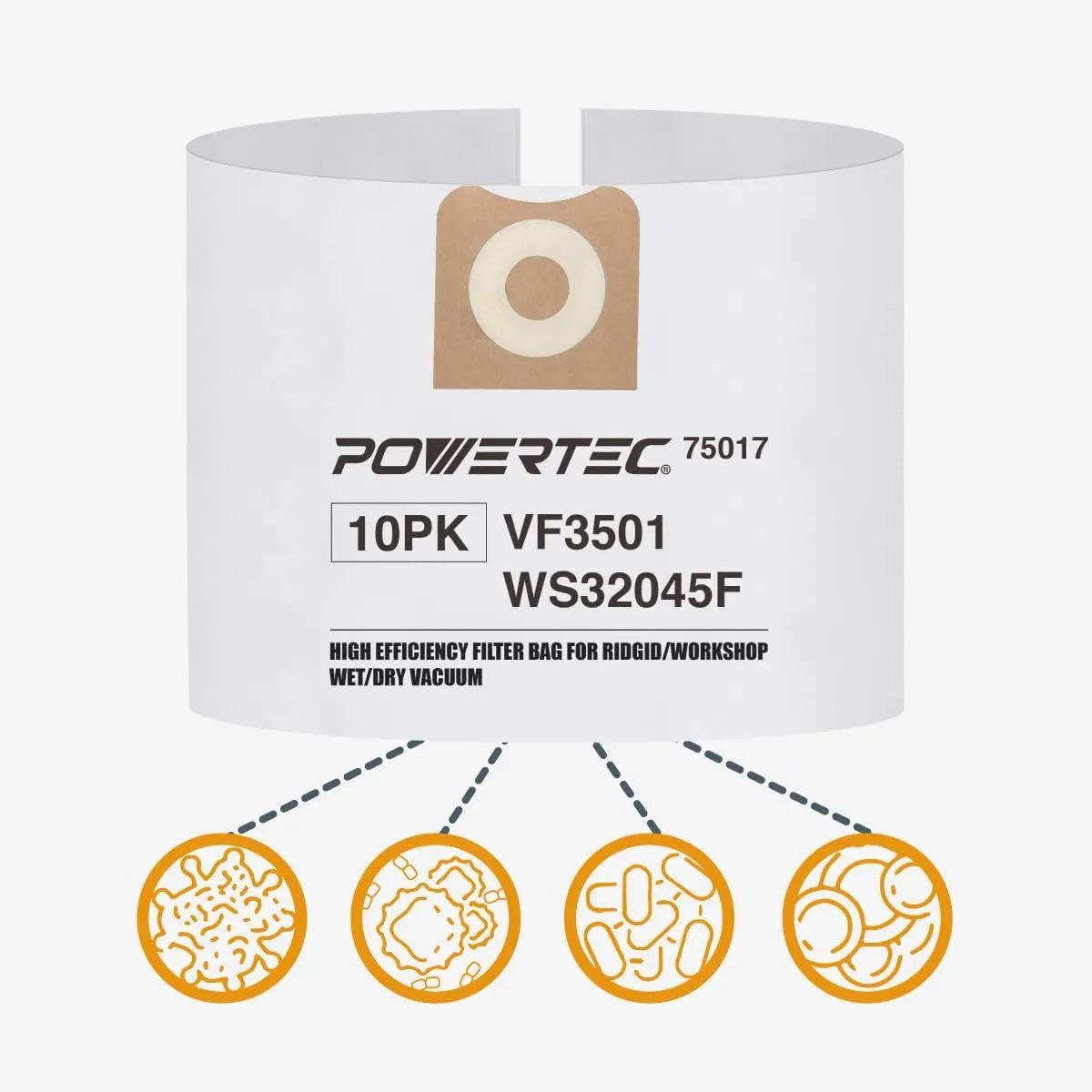 POWERTEC VF3501 Size C Shop Vacuum Bags for Ridgid 10 Pack, 3-4.5 Gal. 23738 Vacuum Bags for Ridgid 4000RV, WD40700 Wet Dry Vac (75017-P2V)