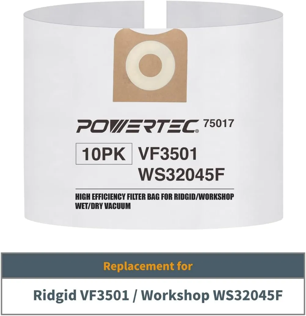POWERTEC VF3501 Size C Shop Vacuum Bags for Ridgid 10 Pack, 3-4.5 Gal. 23738 Vacuum Bags for Ridgid 4000RV, WD40700 Wet Dry Vac (75017-P2V)