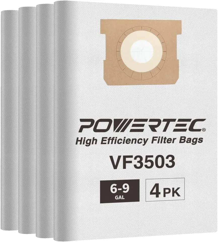POWERTEC VF3503 Size B Shop Vac Bags for Ridgid 4 Pack, 6-9 Gal. 40153 Vacuum Bags for Ridgid HD9000 & Workshop WS32090F2 Wet Dry Vac (75016-P2)