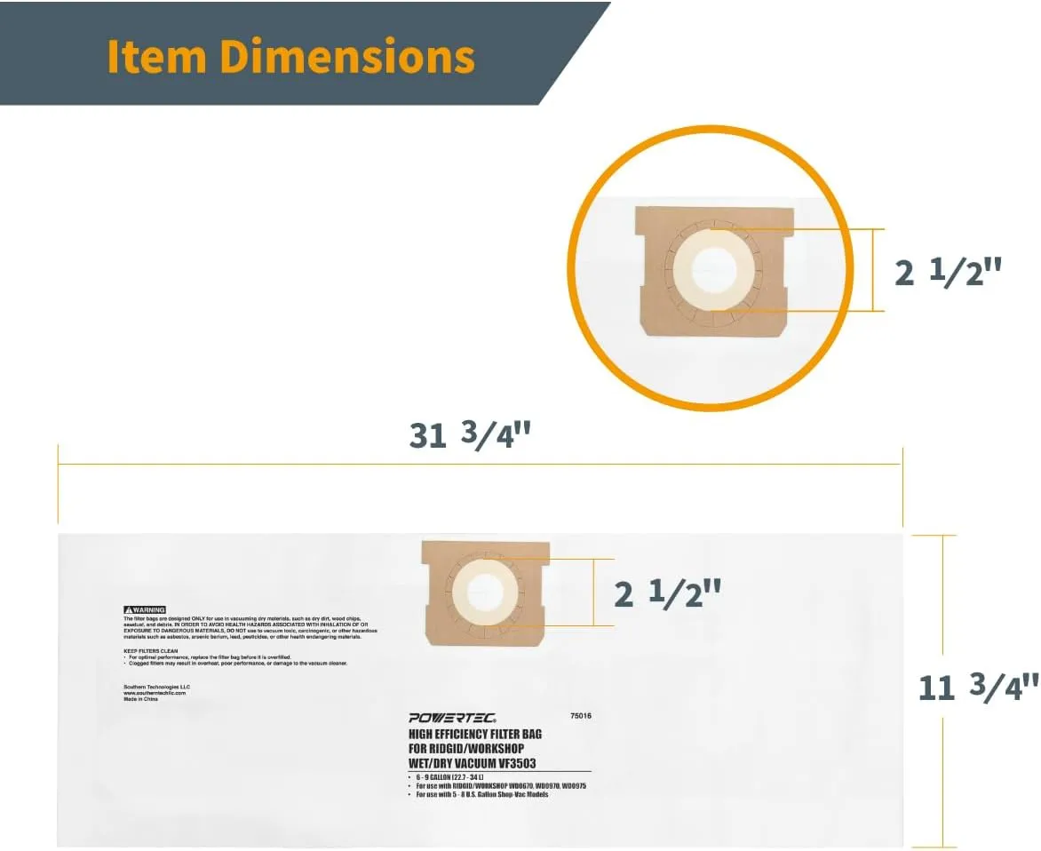 POWERTEC VF3503 Size B Shop Vac Bags for Ridgid 4 Pack, 6-9 Gal. 40153 Vacuum Bags for Ridgid HD9000 & Workshop WS32090F2 Wet Dry Vac (75016-P2)