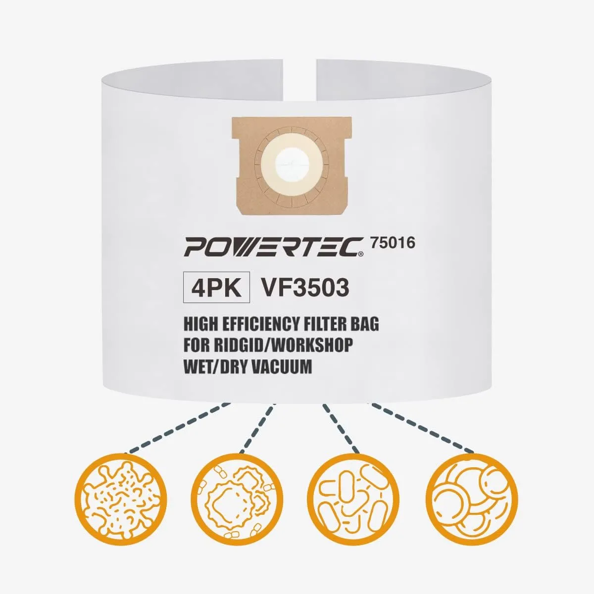POWERTEC VF3503 Size B Shop Vac Bags for Ridgid 4 Pack, 6-9 Gal. 40153 Vacuum Bags for Ridgid HD9000 & Workshop WS32090F2 Wet Dry Vac (75016-P2)